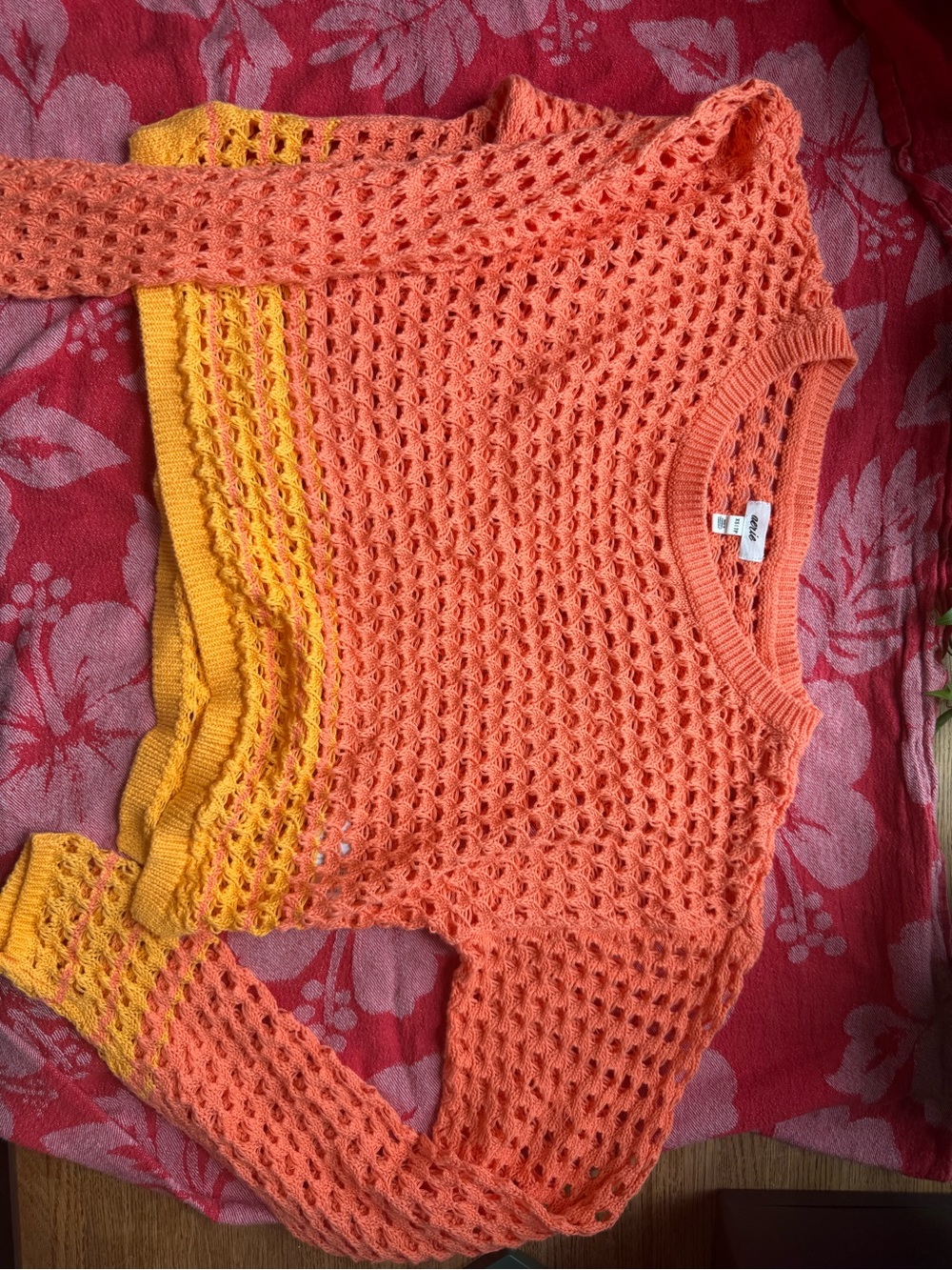 aerie Coral Open-Knit Scoop Sweater with Yellow Trim